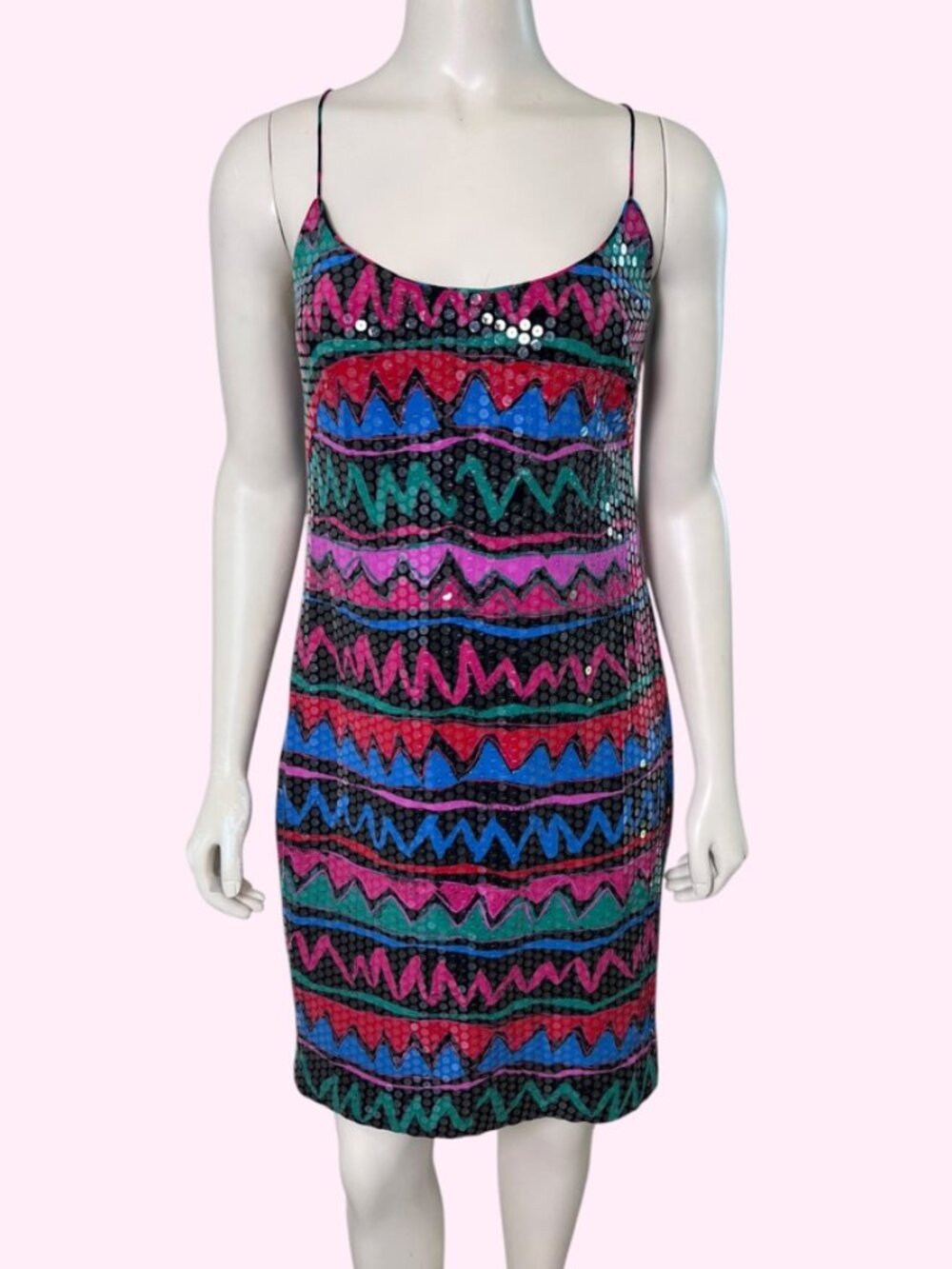 Vintage late 1980s / early 1990s AJ Bari silk sequin rainbow mini dress